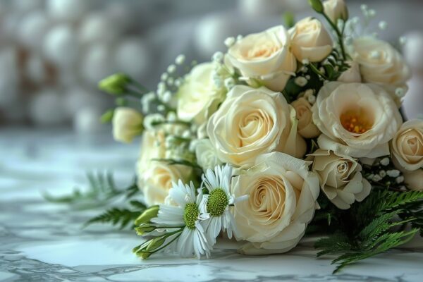 Bouquet of White Roses on Table