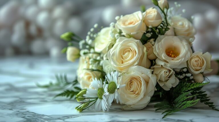 Bouquet of White Roses on Table