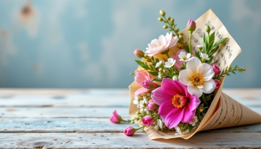 spring bouquet in a cone of sheet music